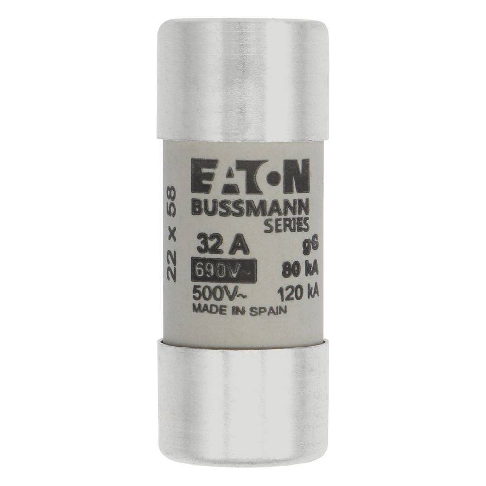 Eine zylindrische elektrische Sicherung mit der Bezeichnung 'Eaton Bussmann Series', 32A, 690V, hergestellt in Spanien, mit Spezifikationen 80KA, 500V, 120KA.