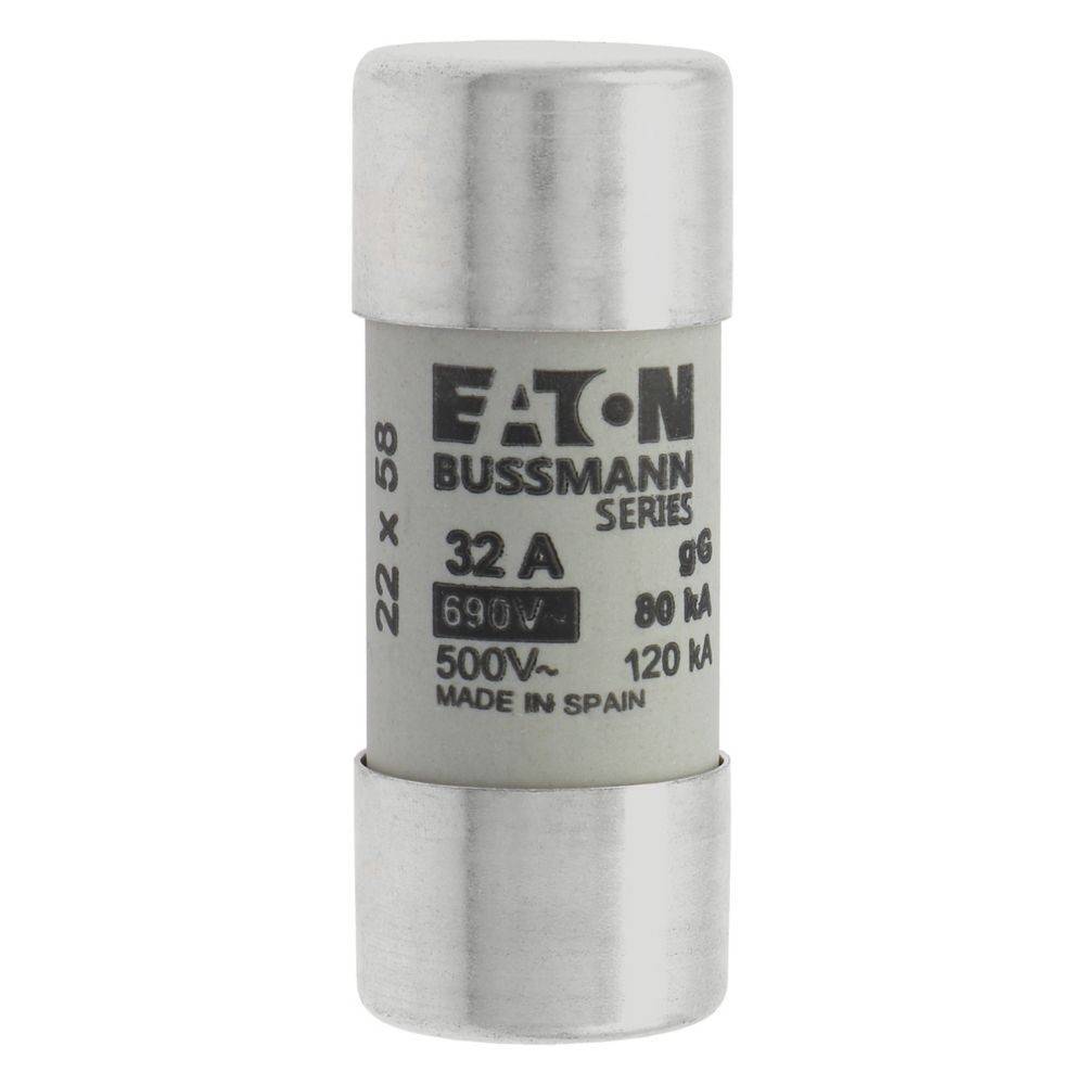 Eine zylindrische Bussmann-Sicherung der Serie mit 'EATON'-Markierung, ausgelegt für 32 A, 500 V, Abmessungen 22 x 58 mm, gekennzeichnet mit 'Made in Spain'.