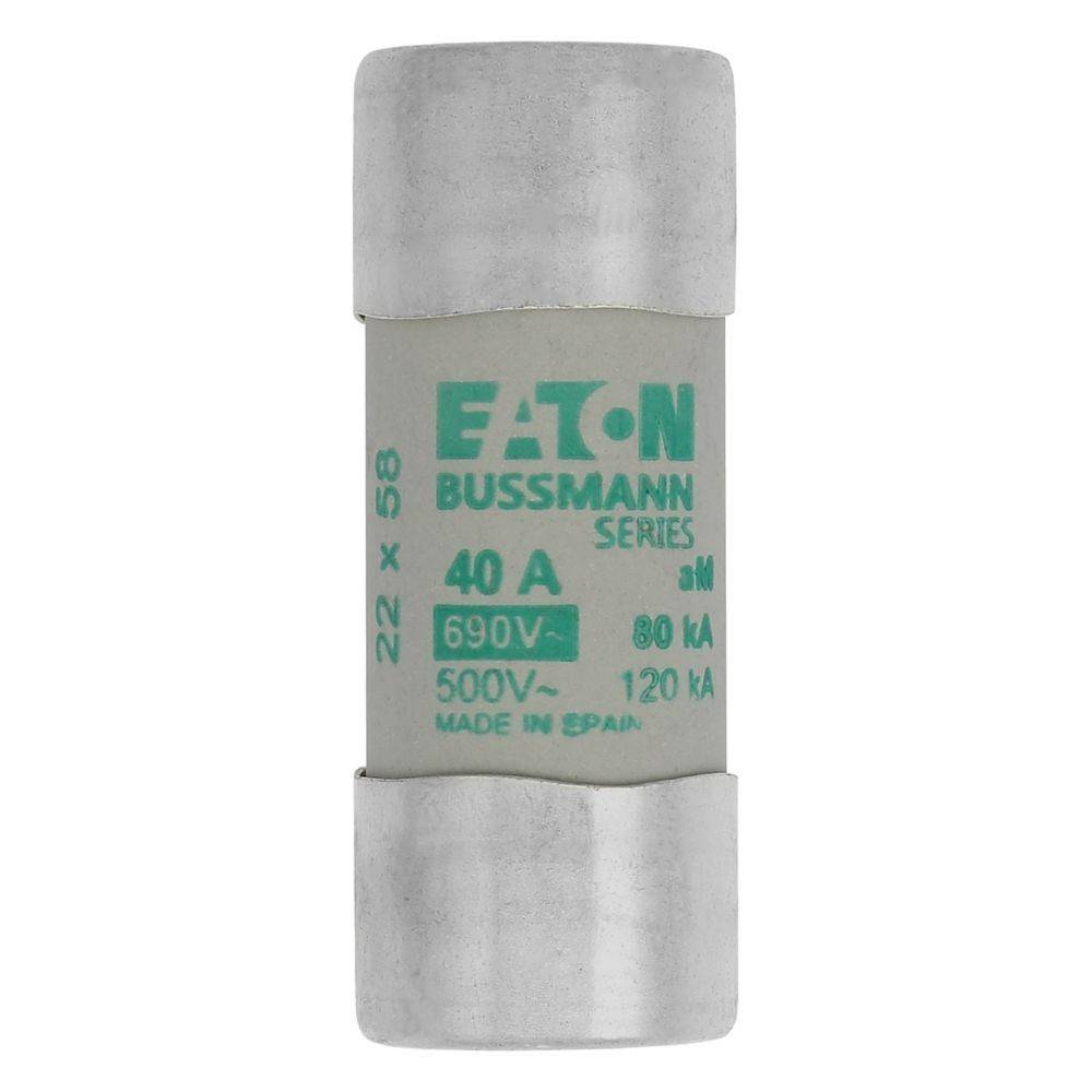 Eine Zylindersicherung der Marke 'Eaton Bussmann Series', mit einer Nennstromstärke von 40A, 690V, Größe 22x58, für elektrische Schaltkreise konzipiert.