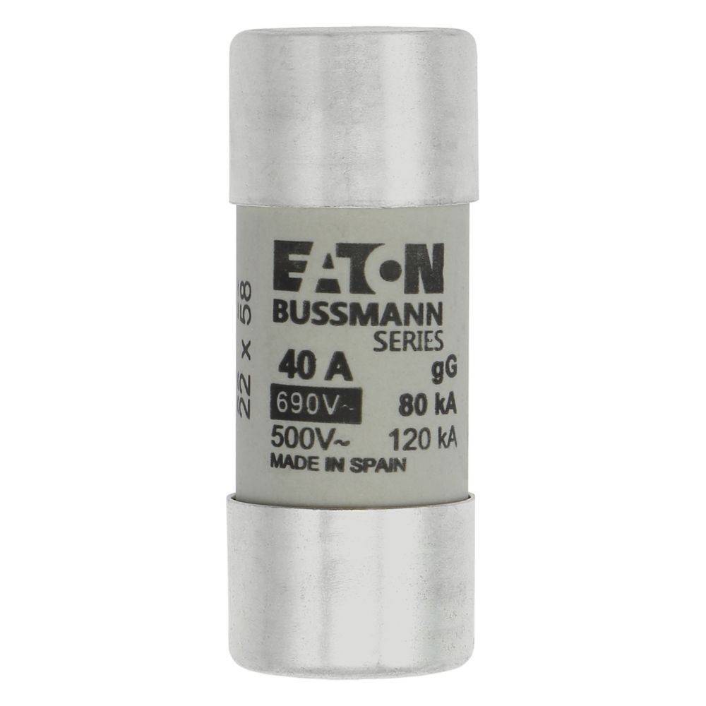 Eine zylindrische Eaton Bussmann Sicherung mit der Beschriftung '40 A, 690V, 80 kA, 500V~120 kA, Hergestellt in Spanien' vor einem einfarbigen Hintergrund.