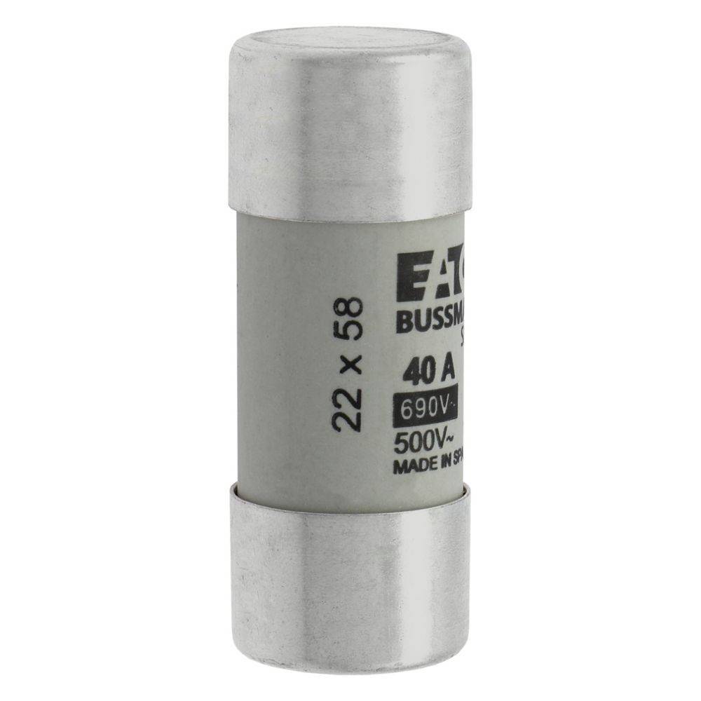 Eine Zylindersicherung mit der Beschriftung 'Eaton Bussmann 40A 690V 500V.' Sie ist grau mit Metallenden und den Abmessungen '22 x 58.