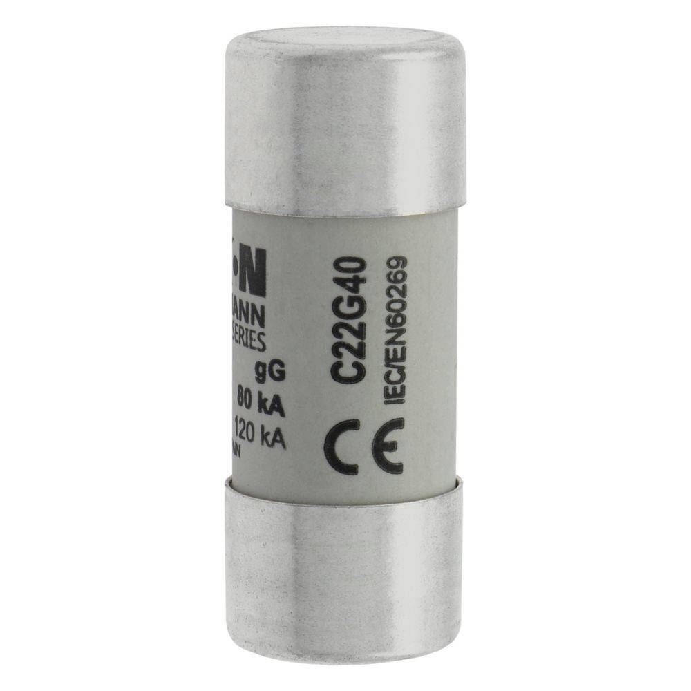 Eine zylindrische elektrische Sicherung mit metallischen Enden, beschriftet mit '80 kA, 120 kA'. Sie trägt die CE-Kennzeichnung und den Standardcode 'IEC EN 60269'.