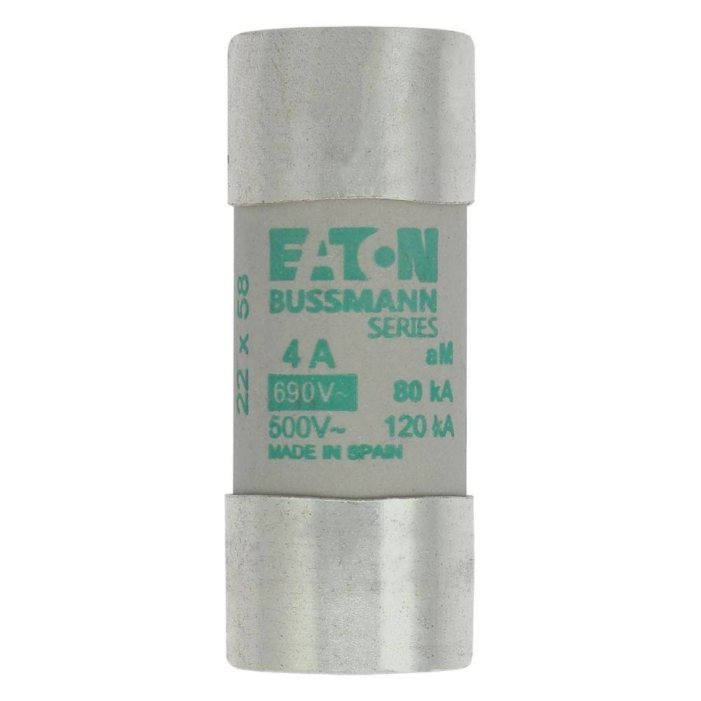 Eine Zylindersicherung mit der Beschriftung 'Eaton Bussmann Series, 4A, 690V, hergestellt in Spanien.