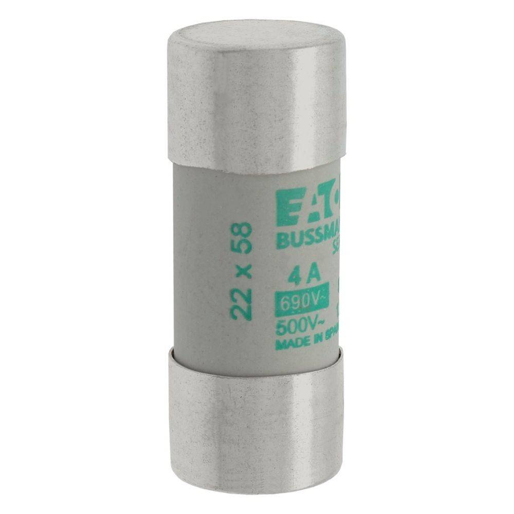 Eine zylindrische elektrische Sicherung mit der Beschriftung '22 x 58', '4A', '690V', mit Herstellerangaben. Dient zum Schutz von Stromkreisen vor Überlastung.