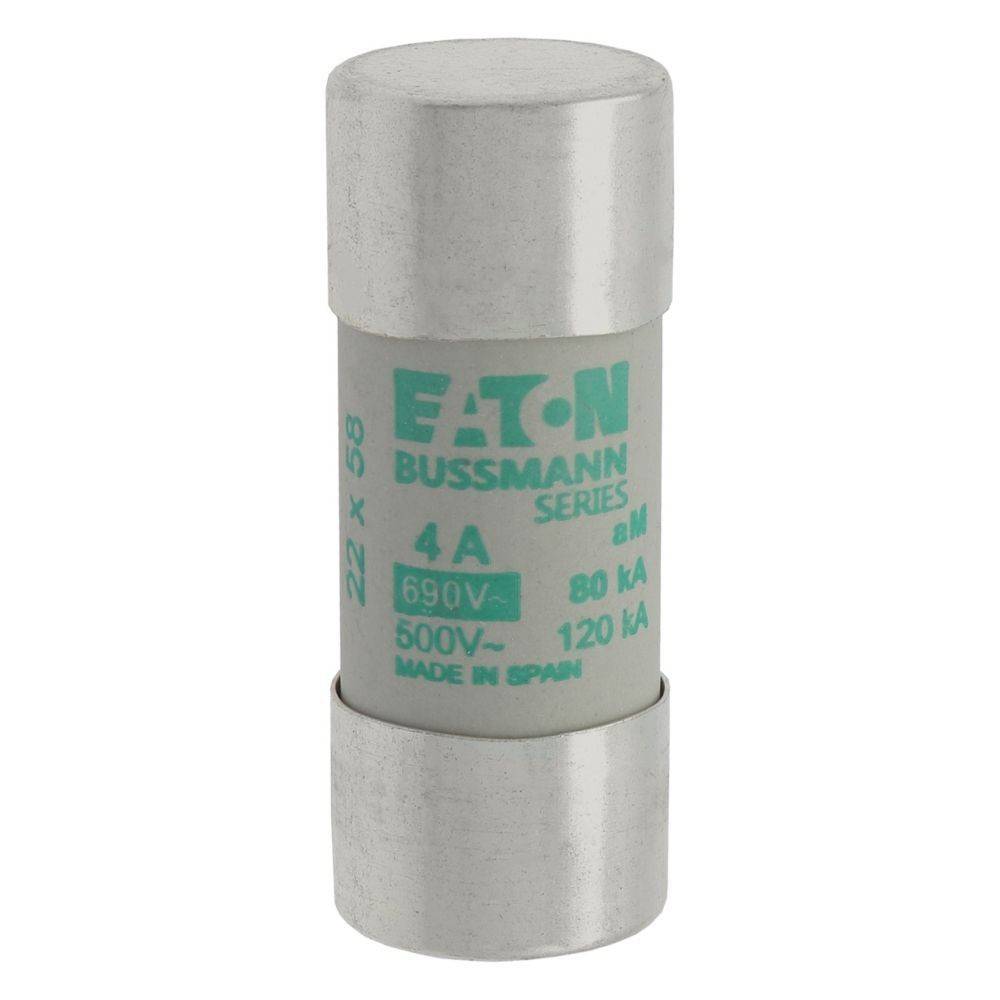 Eaton 4A Bussmann Sicherung, ausgelegt für 690V, 80kA. Deutlich gekennzeichnete Spezifikationen umfassen Serie, 500V und das Etikett 'Made in Spain'.