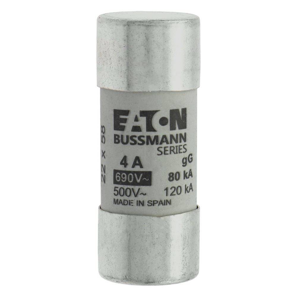 Eine zylindrische elektrische Sicherung mit der Beschriftung 'Eaton Bussmann Series 4A, 500V, 690V, 120kA, 80kA, Made in Spain, 22x58, gG'.