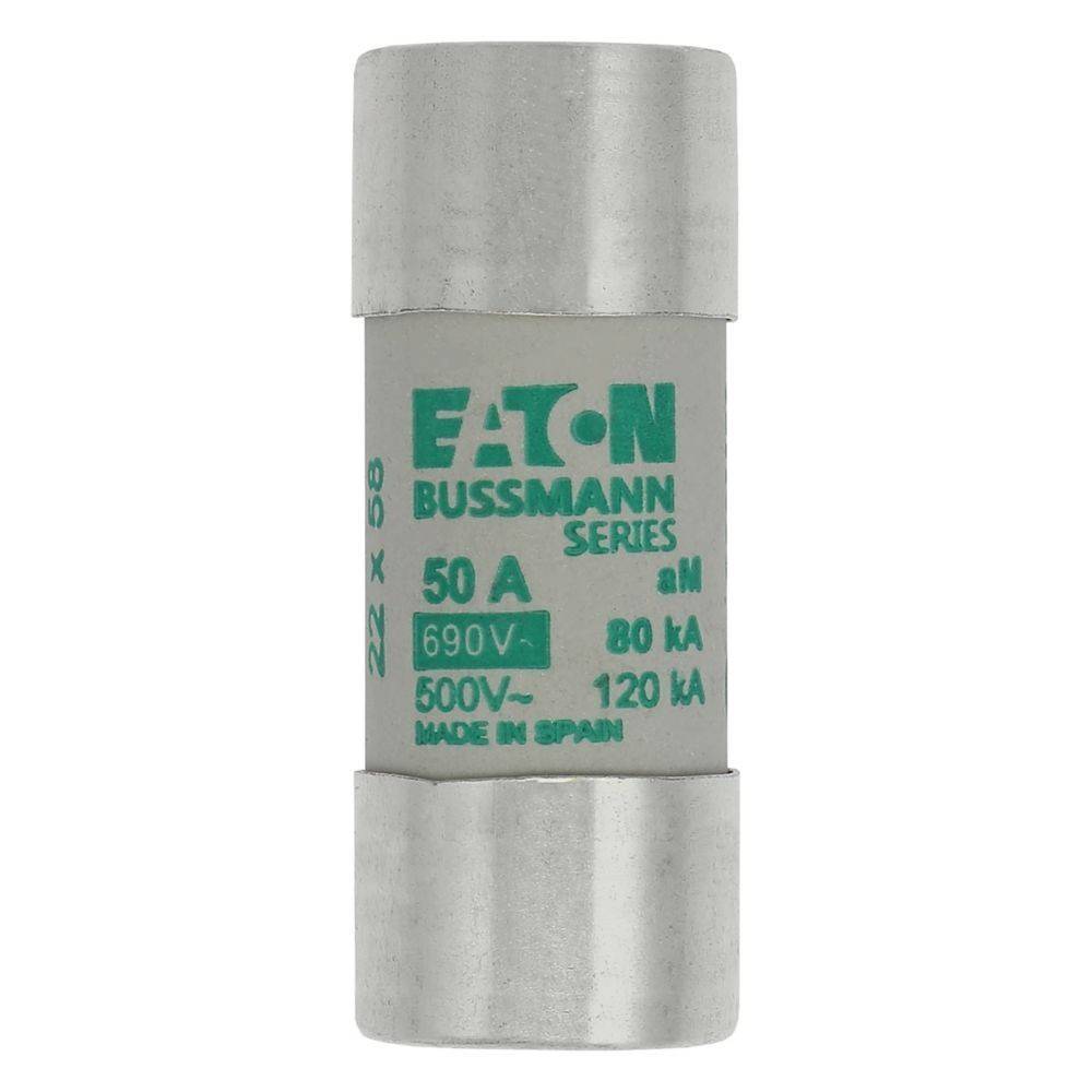 Eine zylindrische elektrische Sicherung mit der Bezeichnung 'Eaton Bussmann Series' mit folgenden Spezifikationen: 50 A, 690 V, 500 V~, 80 kA, 120 kA, hergestellt in Spanien.