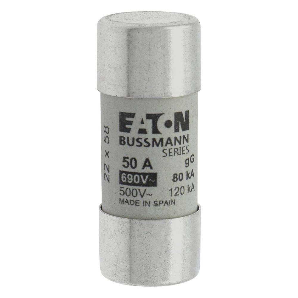 Ein zylindrischer Eaton Bussmann Elektrosicherung mit der Beschriftung '50 A, 690V~', verwendet zur Überstromschutz in elektrischen Schaltkreisen, hergestellt in Spanien.