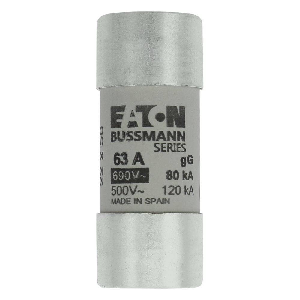 Eine zylindrische elektrische Sicherung mit der Bezeichnung 'Eaton Bussmann Series' mit folgenden Spezifikationen: 63A, 690V, 80kA, 500V~, 120kA, hergestellt in Spanien.