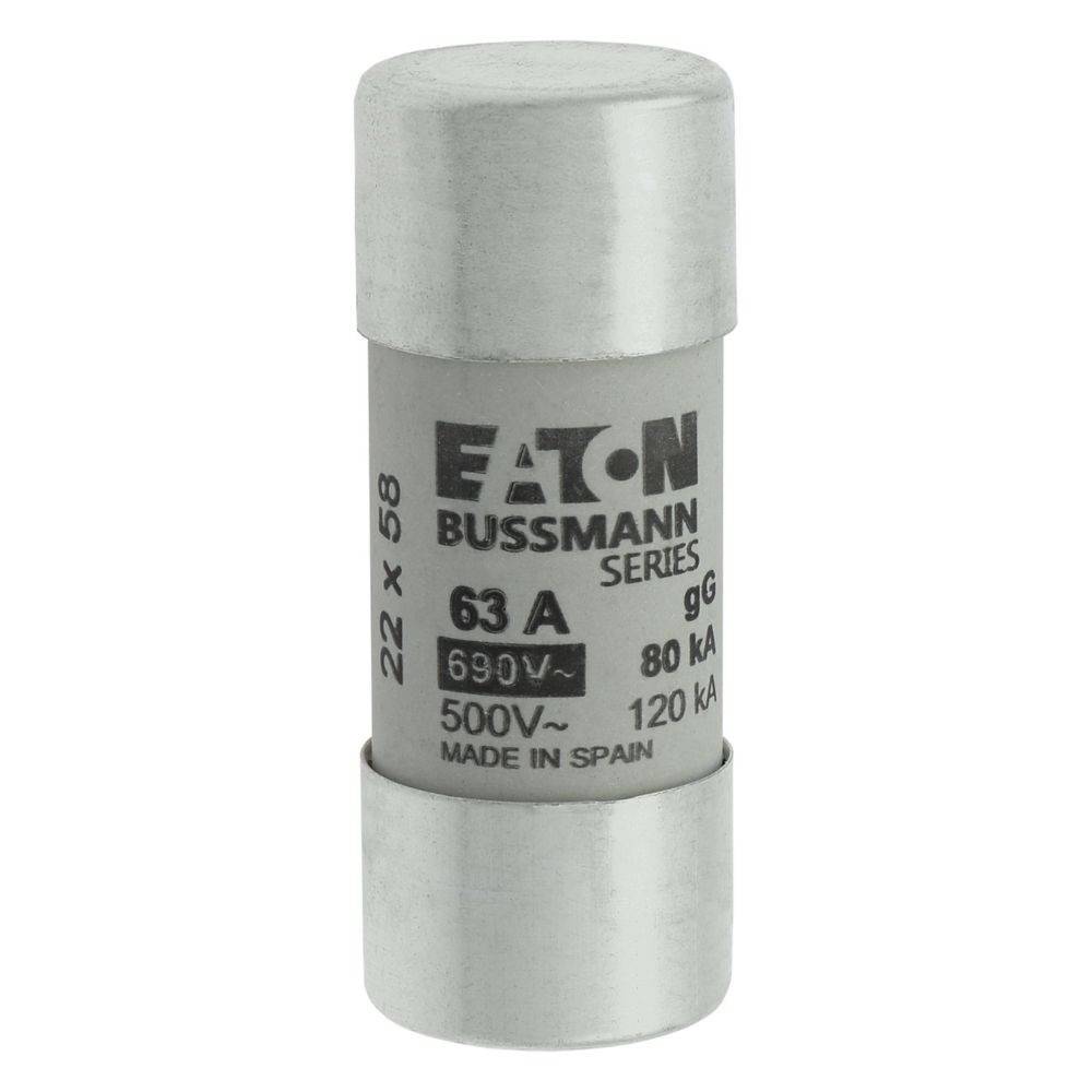 Eine zylindrische Eaton Bussmann Series Sicherung, ausgelegt für 63A, 690V und 80kA, hergestellt in Spanien.