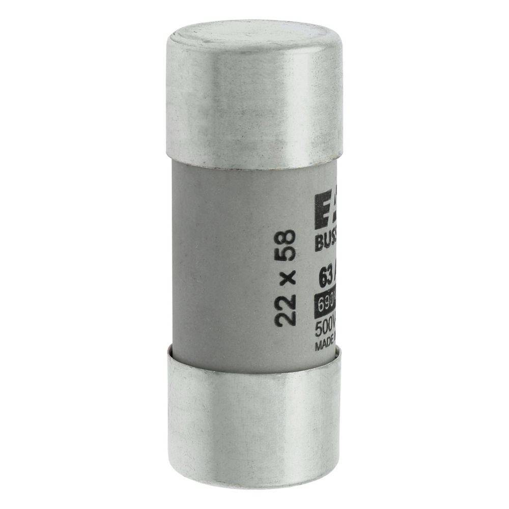 Eine Zylindersicherung mit metallischen Endstücken und Beschriftung, die eine Nennstromstärke von 63 A, 500 V sowie Abmessungen von 22 x 58 angibt.
