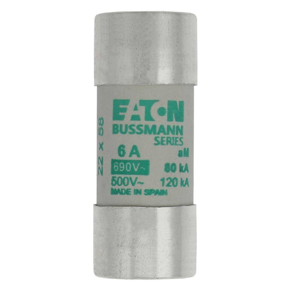 Eaton Bussmann Sicherungseinsatz, 6A, 690V, 80kA mit 500V, 120kA Grenzwert, gekennzeichnet mit 'Made in Spain'.