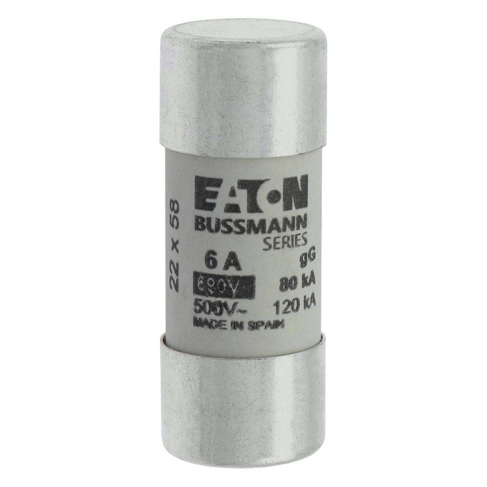 Eine zylindrische elektrische Sicherung der Marke 'Eaton Bussmann Series' mit einer Nennstärke von 6A und 500V, hergestellt in Spanien.