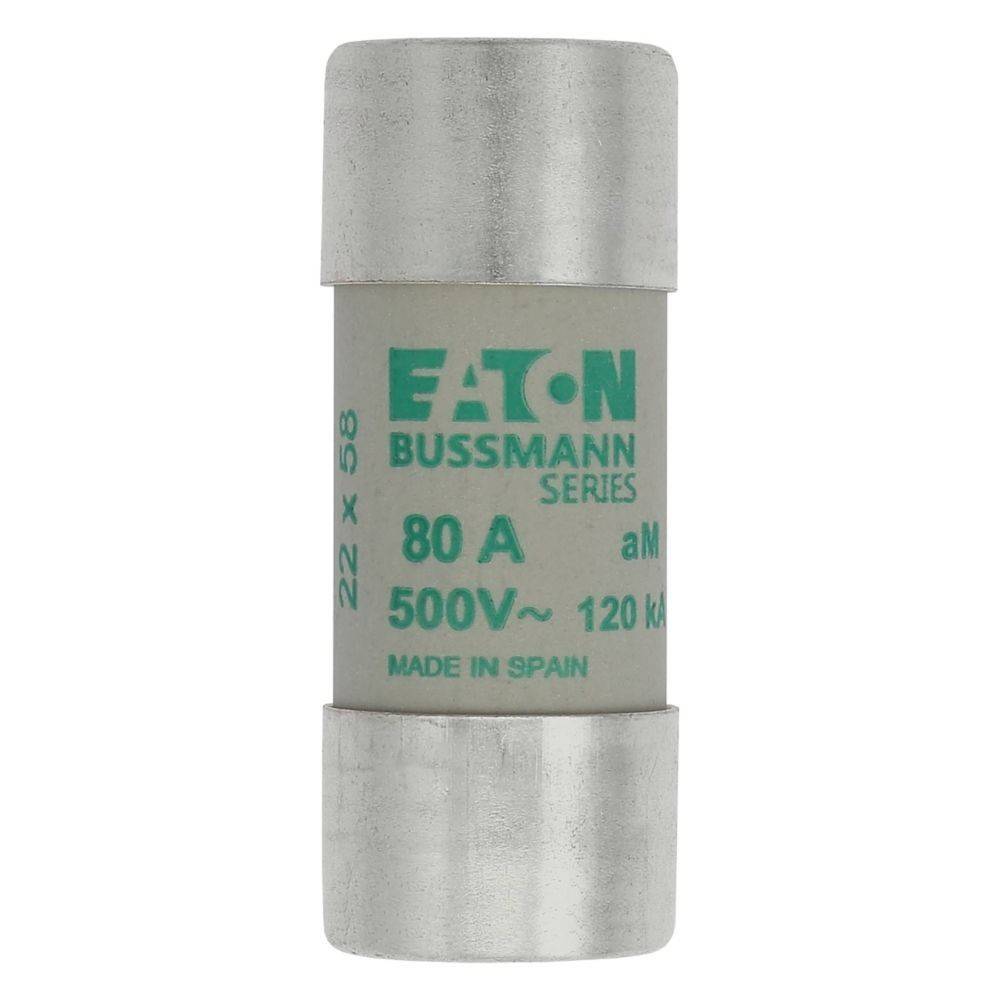 Eine zylindrische elektrische Sicherung mit der Bezeichnung 'Eaton Bussmann Series', ausgelegt für 80A und 500V, mit dem Text 'Made in Spain' auf weißem Hintergrund.