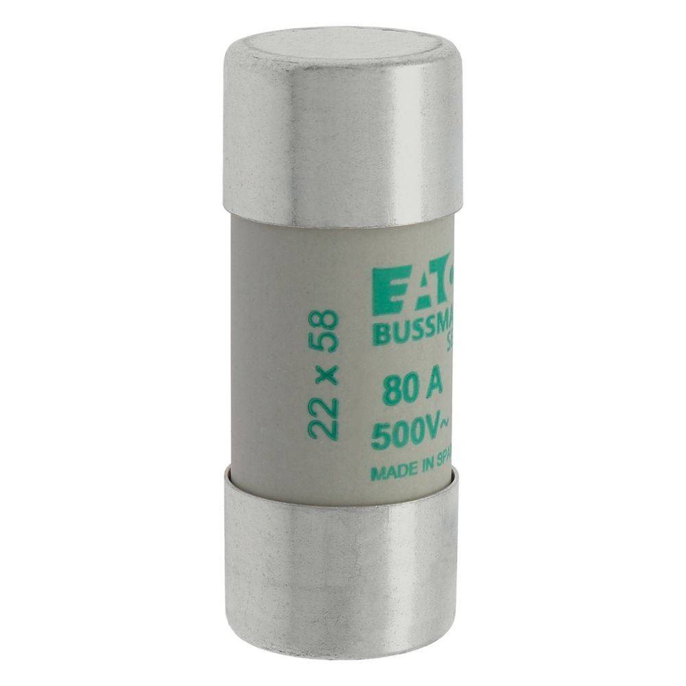 Eine Zylindersicherung mit der Bezeichnung 'Eaton' mit den Spezifikationen '22 x 58', '80 A' und '500 V', die elektrische Bewertung und Größe angibt.