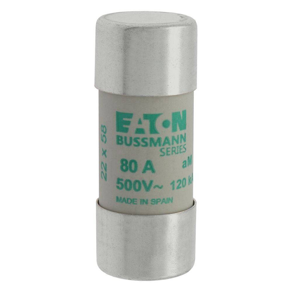Eine zylindrische Eaton Bussmann Series Sicherung, mit der Bezeichnung '80 A, 500V~ 120 kA', zur elektrischen Stromkreisabsicherung, hergestellt in Spanien.