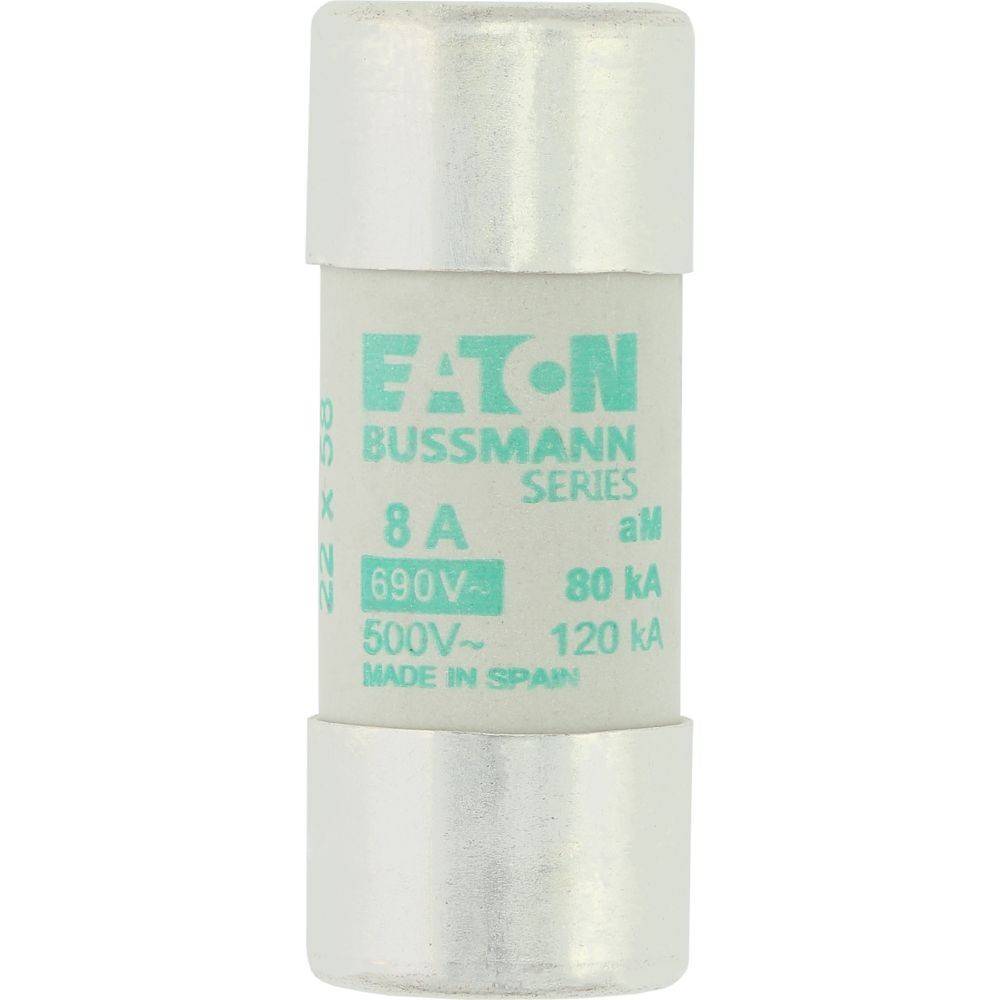 Eine weiße Eaton Bussmann-Sicherung der Serie mit den Spezifikationen '8A', '690V' und '500V', die darauf gedruckt sind. Sie wird in Spanien hergestellt.