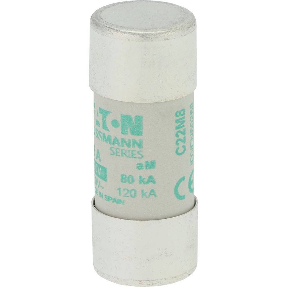 Eine zylindrische weiße Sicherung mit der Aufschrift 'Eaton Bussmann Series, 80 kA, 120 kA, aM'.
