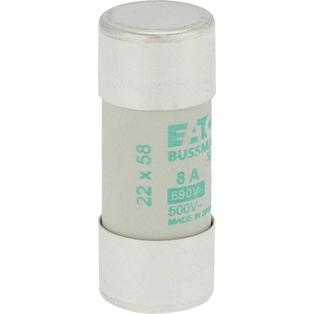 Eine Zylindersicherung mit der Aufschrift 'Eaton Bussmann Series' mit aufgedruckten Werten von '8A, 500V', die hauptsächlich zum elektrischen Schutz verwendet wird.