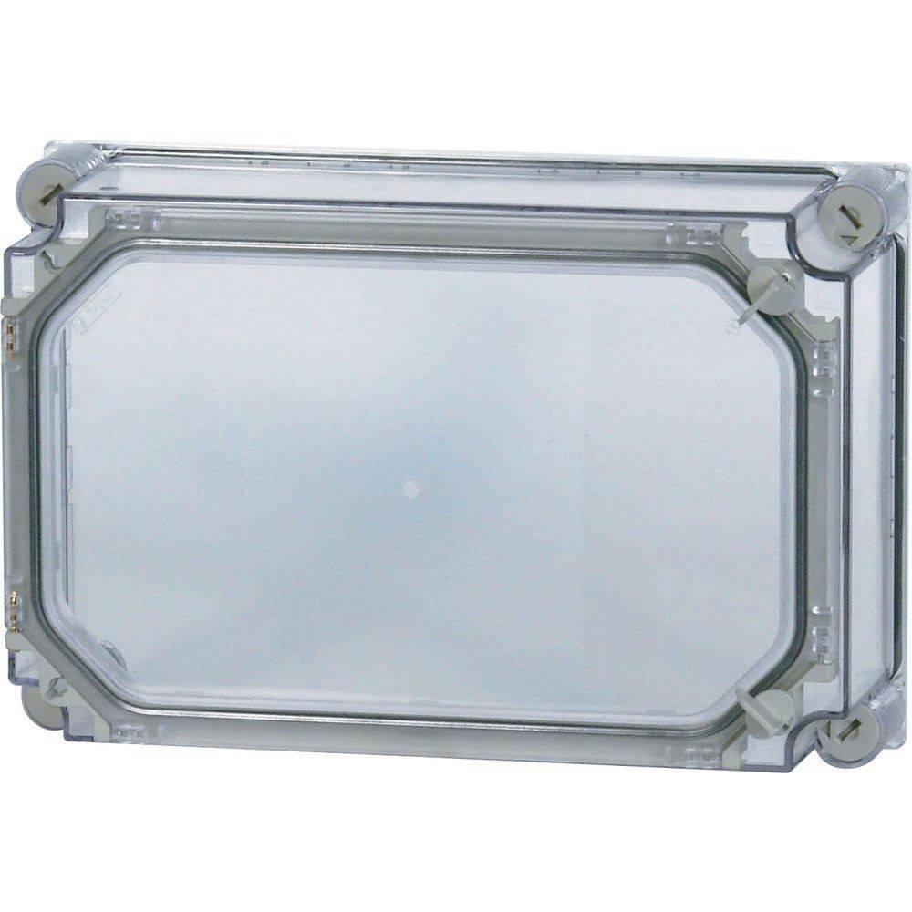 Rechteckiges transparentes Plastikgehäuse mit abgerundeten Ecken und sichtbaren Schrauben, verwendet zum Schutz von elektronischen Bauteilen.