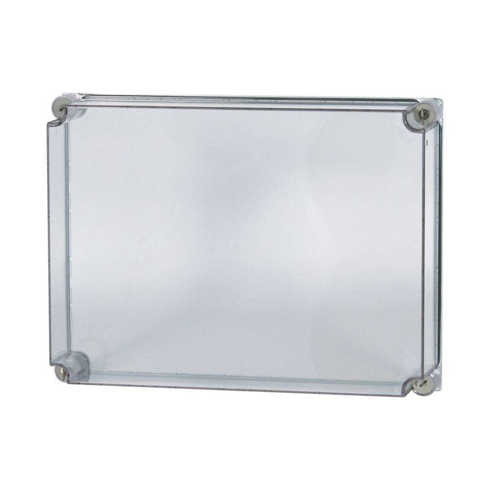 Transparenter rechteckiger Acryl-Schildhalter mit vier Befestigungsschrauben in den Ecken zur Wandmontage. Geeignet für die Präsentation von Schildern oder Hinweisen in Innenräumen.