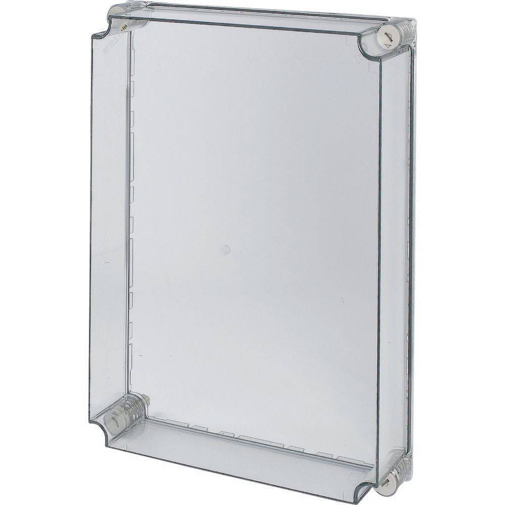 Eine transparente, rechteckige Vitrine mit geschlossener Vorderseite und klaren Kanten, die aufrecht steht.
