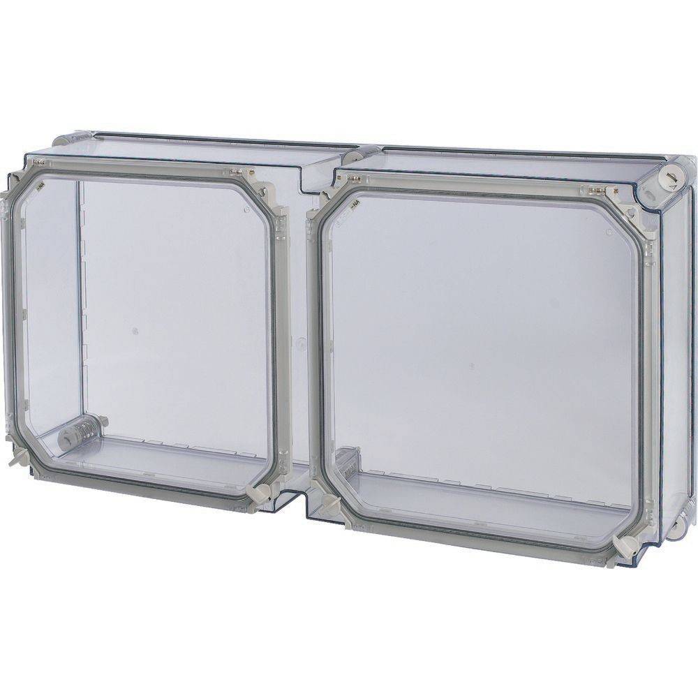 Ein klarer, doppelwandiger Polycarbonat-Elektroverteilungskasten mit zwei offenen Fächern, der zur Unterbringung von elektrischen Leitungen oder Komponenten verwendet wird.