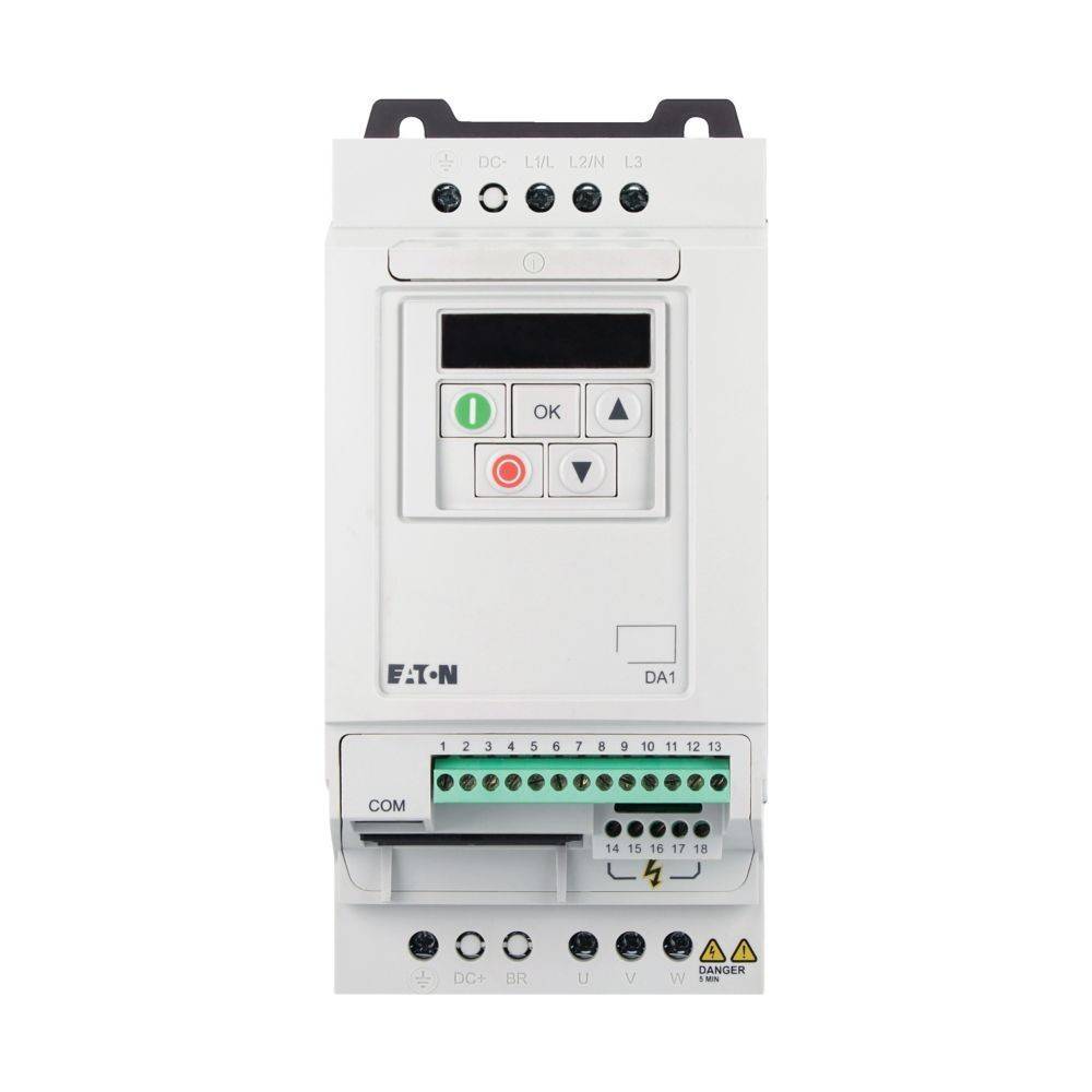 Eaton DA1 Frequenzumrichter mit Steuerungstasten und Anzeigelampen am Frontpanel, verwendet für Motorregelungsanwendungen.