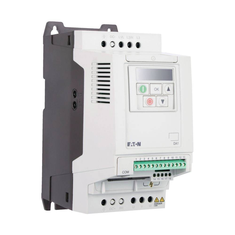 Elektrisches Gerät mit Display, Tasten und Anschlussklemmen, verwendet zur Steuerung der Motorgeschwindigkeit. Markenschriftzug EATON sichtbar.