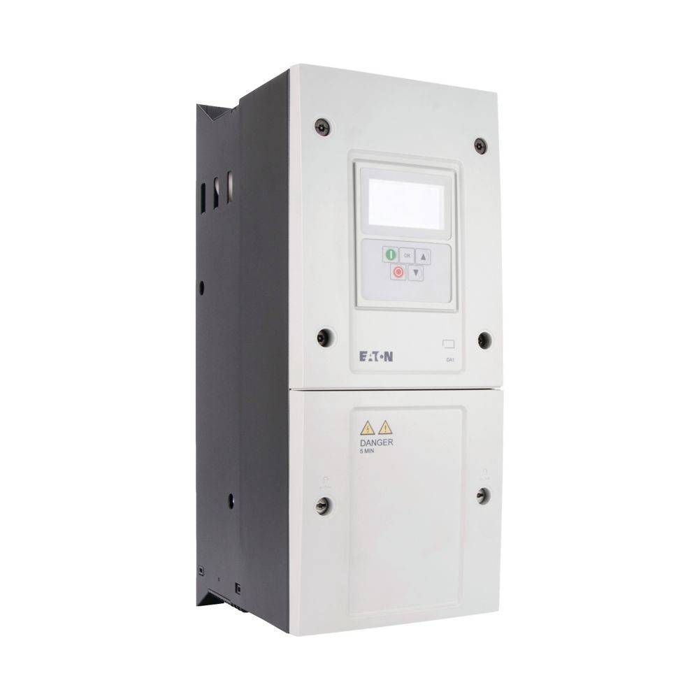 Ein weißes elektrisches Gerät, vertikal montiert, mit einer Bedienungstafel mit Tasten und einem Displaybildschirm, mit der Aufschrift ‚Eaton'.