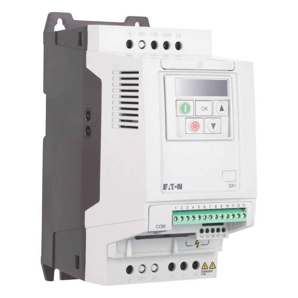 Eaton DA1 Frequenzumrichter mit digitaler Anzeige und Bedienungstasten, verwendet zur Regelung von Motorgeschwindigkeit und Drehmoment.
