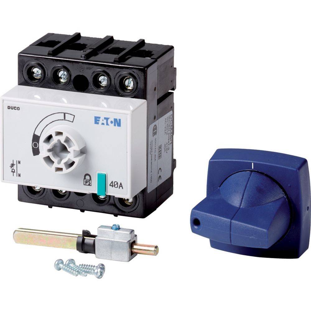 Ein Drehschalter-Mechanismus mit elektrischen Kontakten, beschriftet mit 'Eaton DILM'. Er verfügt über einen blauen Drehgriff und mehrere Anschlusspunkte.