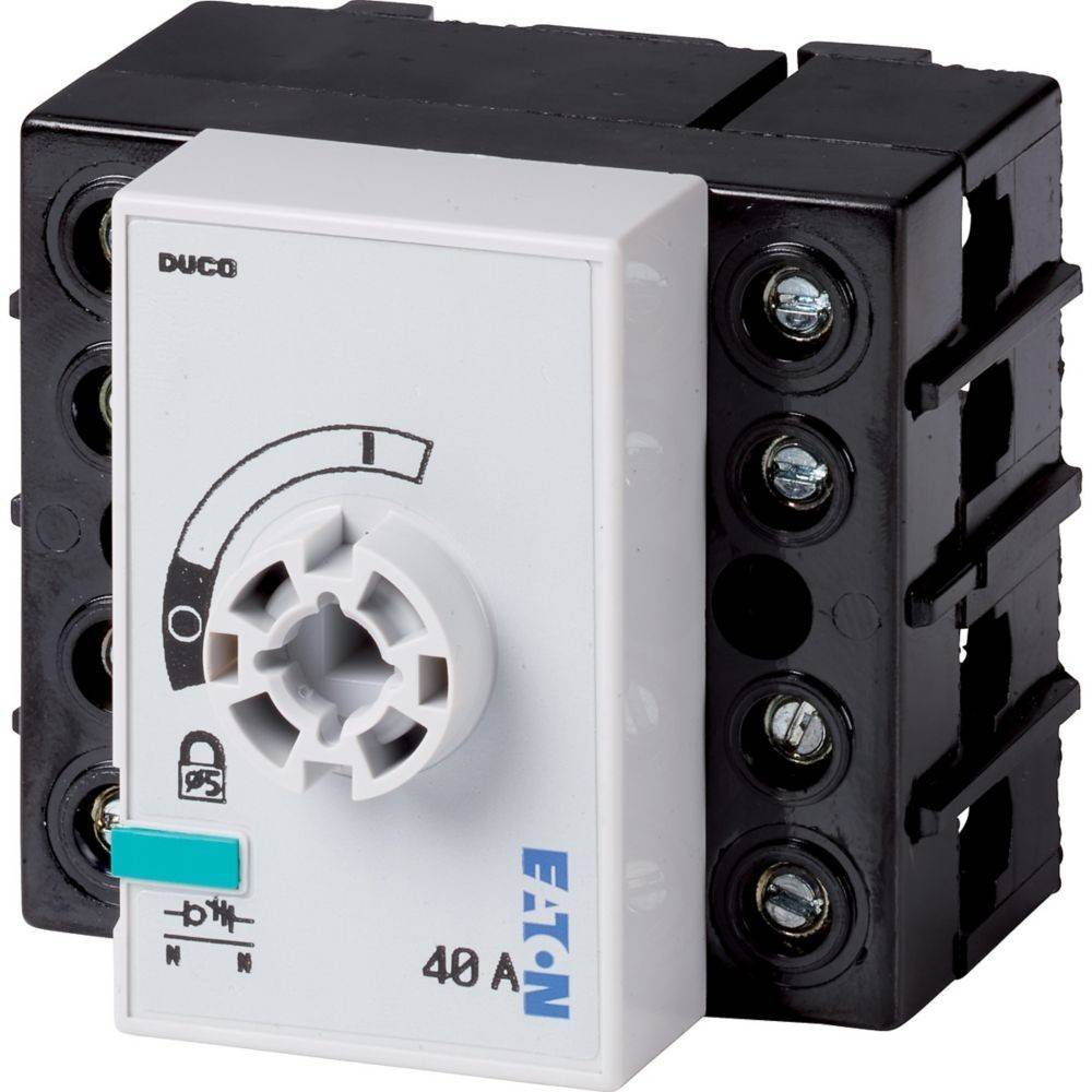 Eaton Schalttafel mit Drehknopf, schwarzes Gehäuse, mit der Beschriftung '40 A', verwendet zur Steuerung elektrischer Stromkreise.
