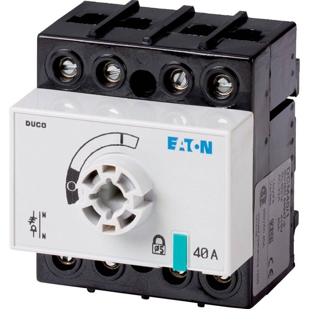 Elektrischer Schalter mit Aufschrift ‚DUCO' und ‚EATON', der eine Aus-Position und eine Nennstromstärke von 40A zeigt.