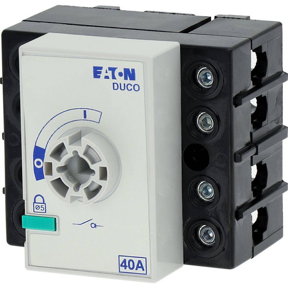 Ein Schalter mit einer Steuerungsskala und der Beschriftung '40A' für 40 Ampere, versehen mit einer Markierung und einem dreifachen Anschlussport an der Seite.