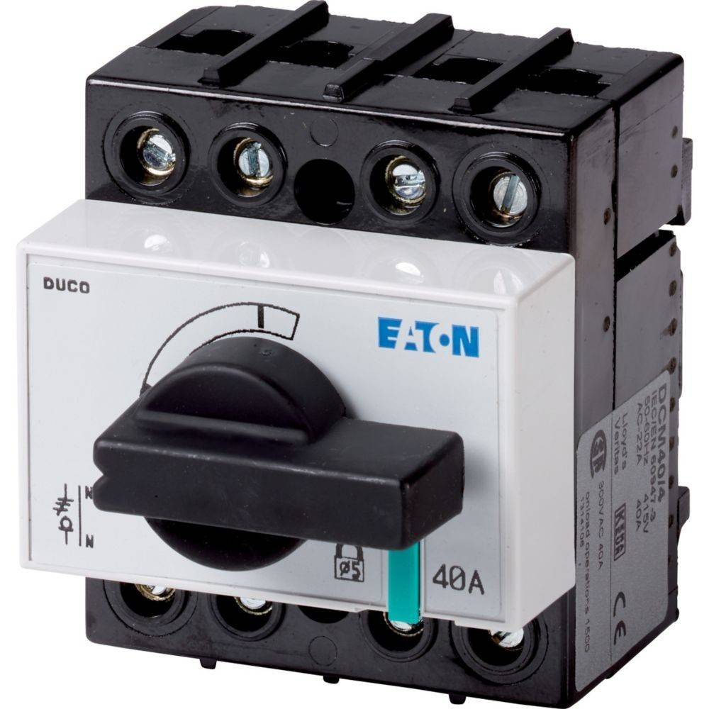 Ein schwarzer und weißer elektrischer Schalter mit einem Drehknopf, mit der Beschriftung 