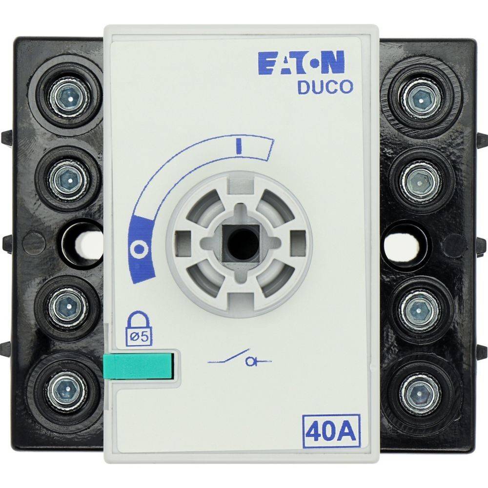 Eaton DUCO Schalter; 40A Bewertung, Schlosssymbol, schwarze Montageplatte mit sechs Schraubklemmen, zentrale Drehsteuerung.