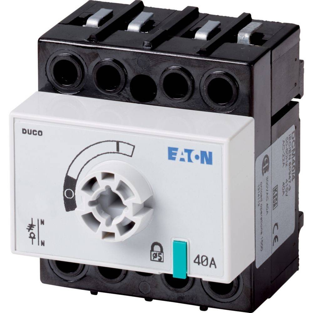Elektrischer Drehschalter von Eaton, mit 40A bewertet, mit Verriegelungsmechanismus und Anschlussklemmen für Stromverteilungssysteme.