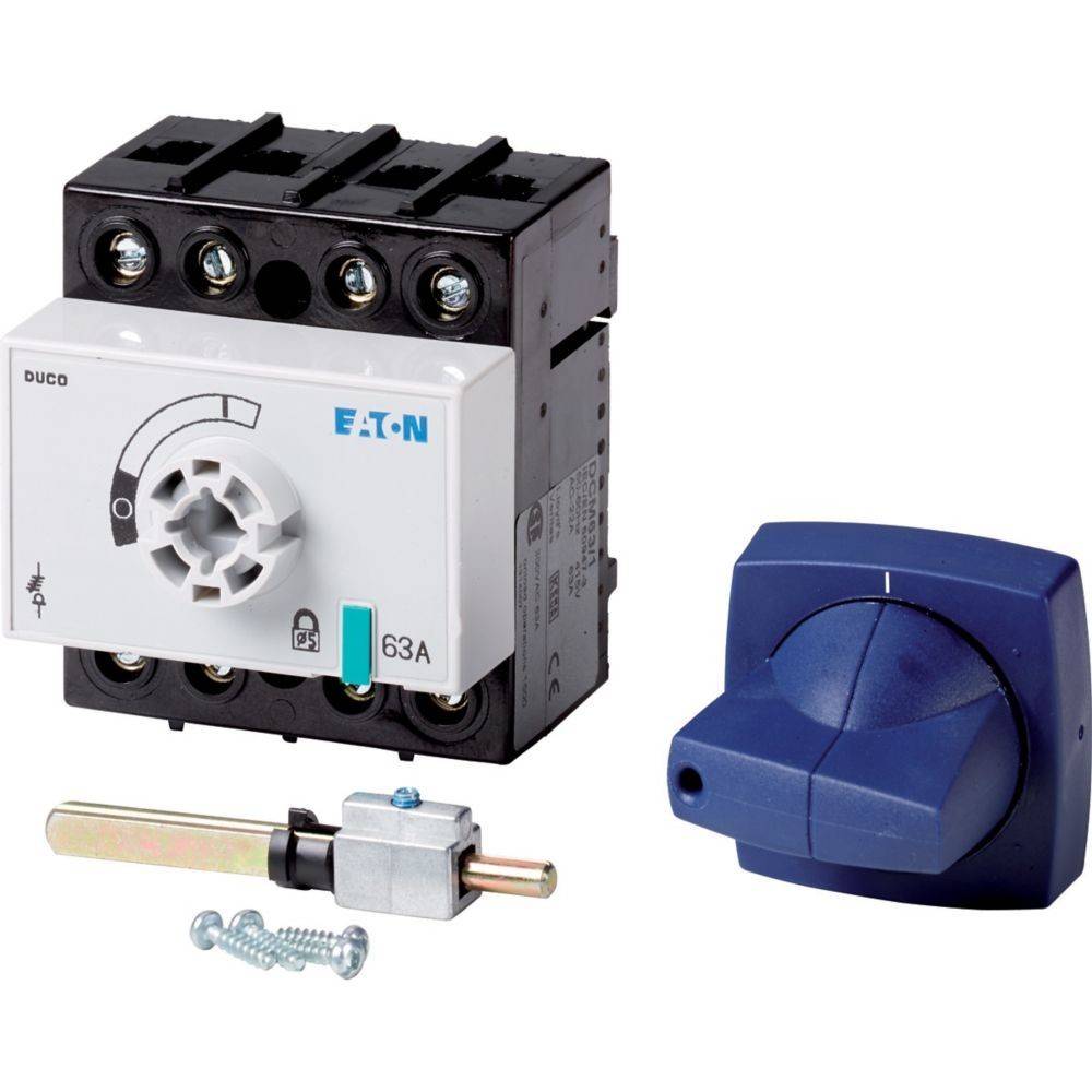 Ein 63A Lasttrennschalter von Eaton mit Drehgriff und Befestigungsschrauben, verwendet zur Isolierung von elektrischen Stromkreisen.