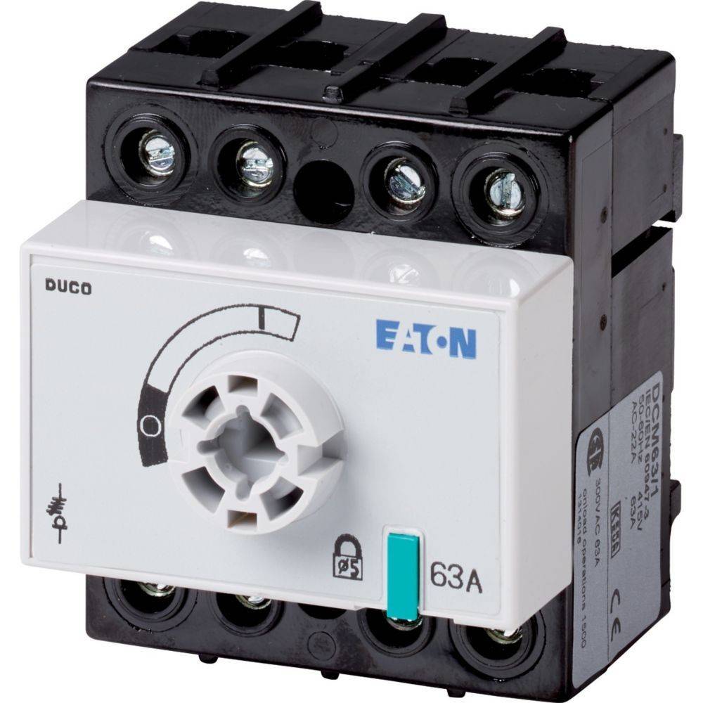 Leistungsschalter, gekennzeichnet mit 'DUCO' und 'Eaton', mit einer Skala, die '63A' anzeigt, entwickelt für elektrische Steuerung in industriellen Umgebungen.