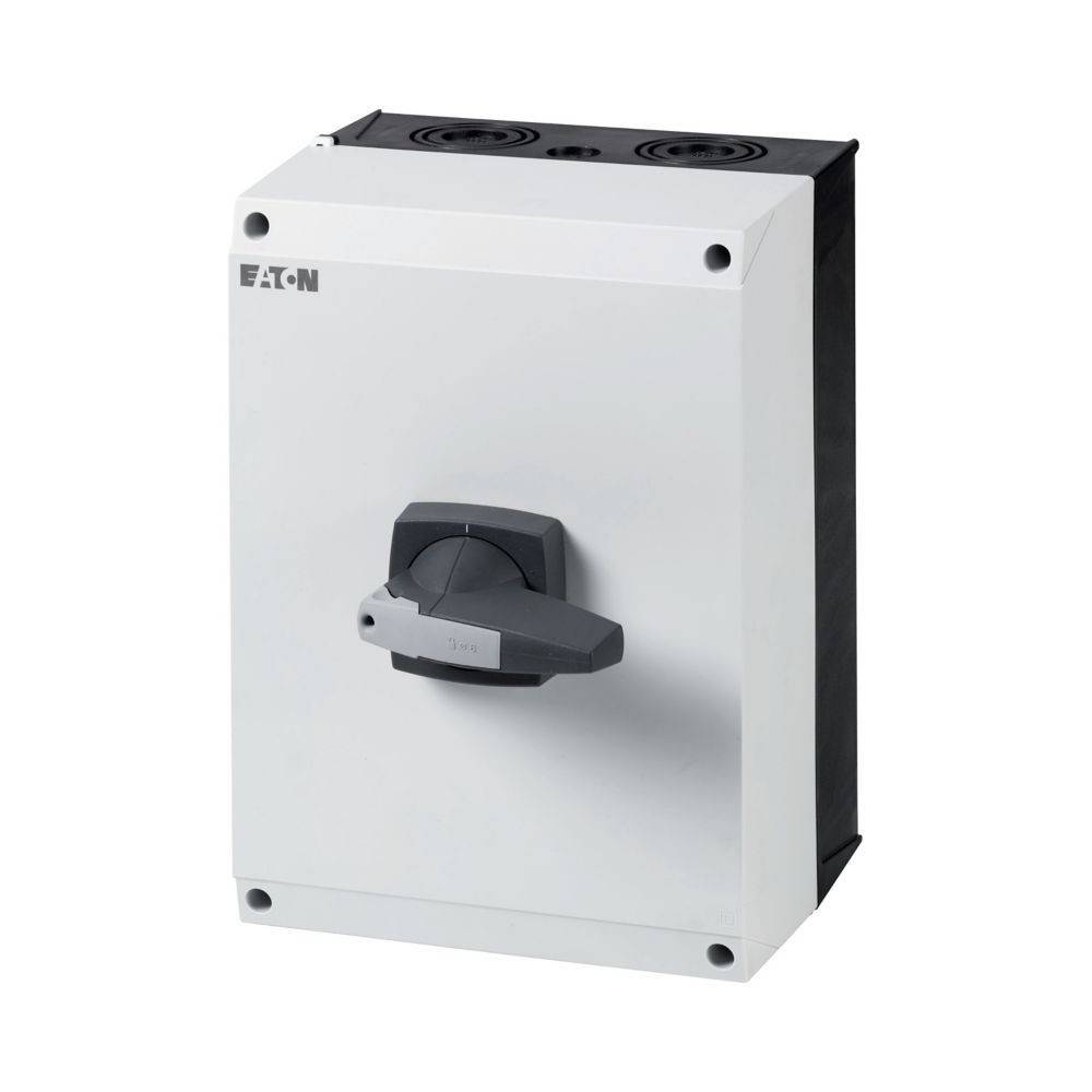 Eine weiße Eaton Elektro-Schalterschachtel mit einem schwarzen Drehgriff ist abgebildet.