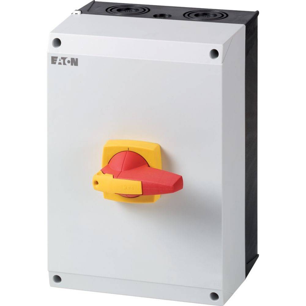 Schaltkasten mit gelber und roter Handkurbel auf einer rechteckigen weißen Platte, mit der Markenbezeichnung 'Eaton'. Typischerweise verwendet für die Steuerung elektrischer Stromkreise.