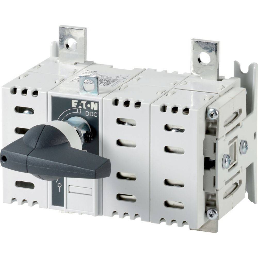 Eaton DDC elektrischer Schalter mit Drehgriff und Montagebügeln, der in industriellen Umgebungen zur elektrischen Steuerung eingesetzt wird.