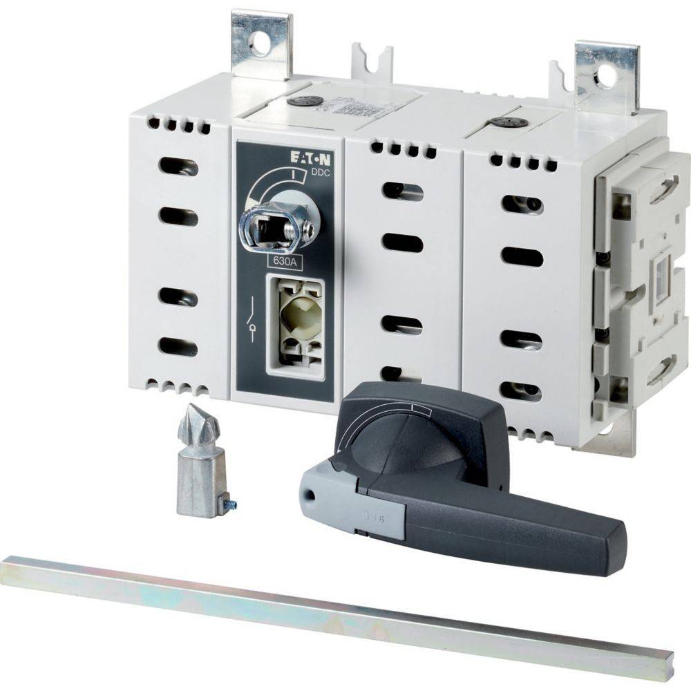 Ein elektrisches Gerät mit einem schwarzen Griff und Metallkomponenten, gekennzeichnet mit 'Eaton DDC'. Enthält einen Schaltermeachanismus und eine silberne Stange.