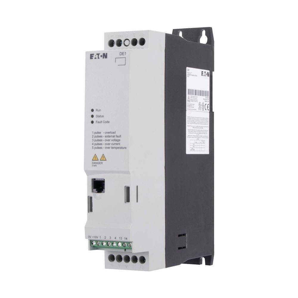 Ein elektrischer Motorsoft-Starter mit Eaton-Branding, ausgestattet mit Anzeigelichtern für Betrieb, Status und Fehlercode.
