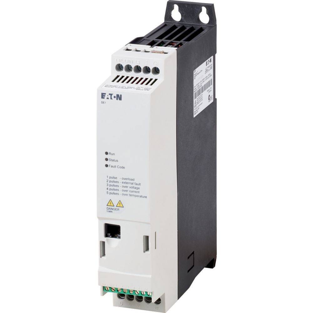 Ein weißes und schwarzes industrielles elektronisches Gerät mit verschiedenen Eingangsklemmen und Anzeigelampen, das oben vorne mit 'EATON' beschriftet ist.