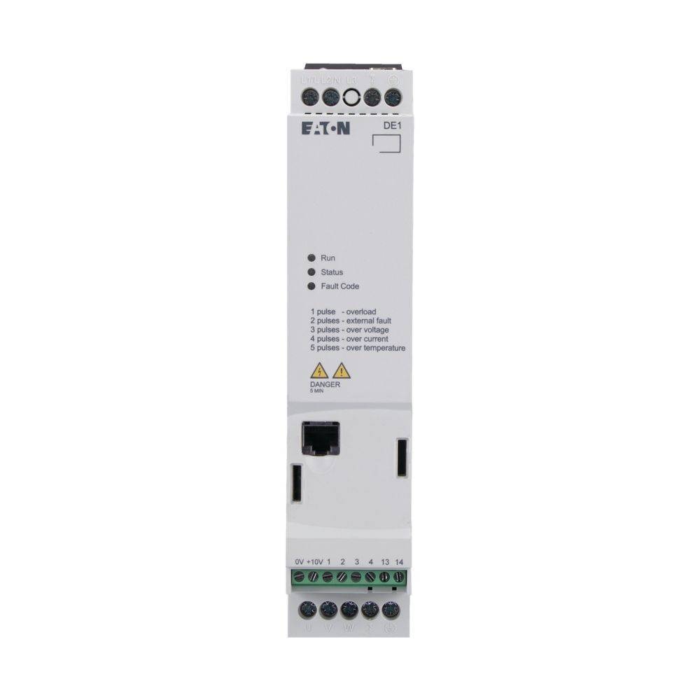 Steuergerät mit Eaton-Logo, Statusanzeigen und Anschlüssen. Enthält Beschriftungen für Betrieb, Status, Fehlercodes und Warnzeichen.