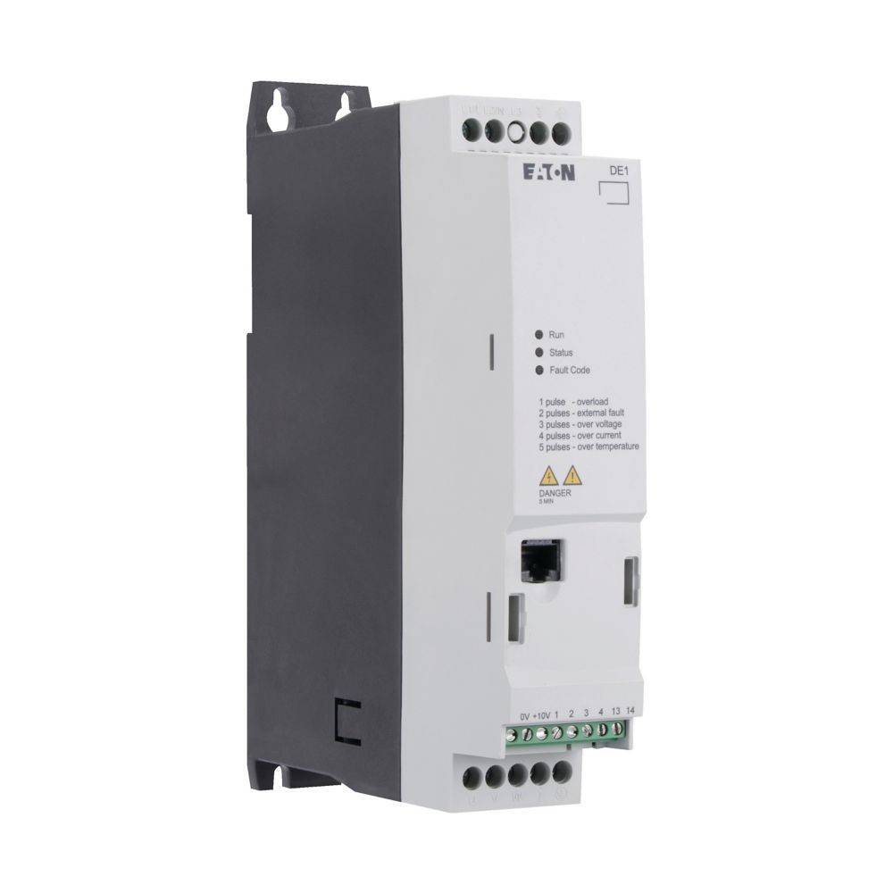 Ein weißes elektronisches Eaton-Gerät mit Display, beschrifteten Leuchten und Anschlussports, das in elektrischen Systemen zur Überwachung und Steuerung verwendet wird.