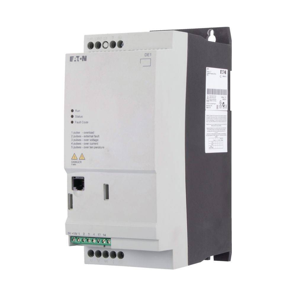 Ein grau-schwarzes Industriegerät, mit der Bezeichnung 'Eaton DE1', das an der Frontseite Anschlüsse für elektrische Verbindungen und Kontrollleuchten aufweist.