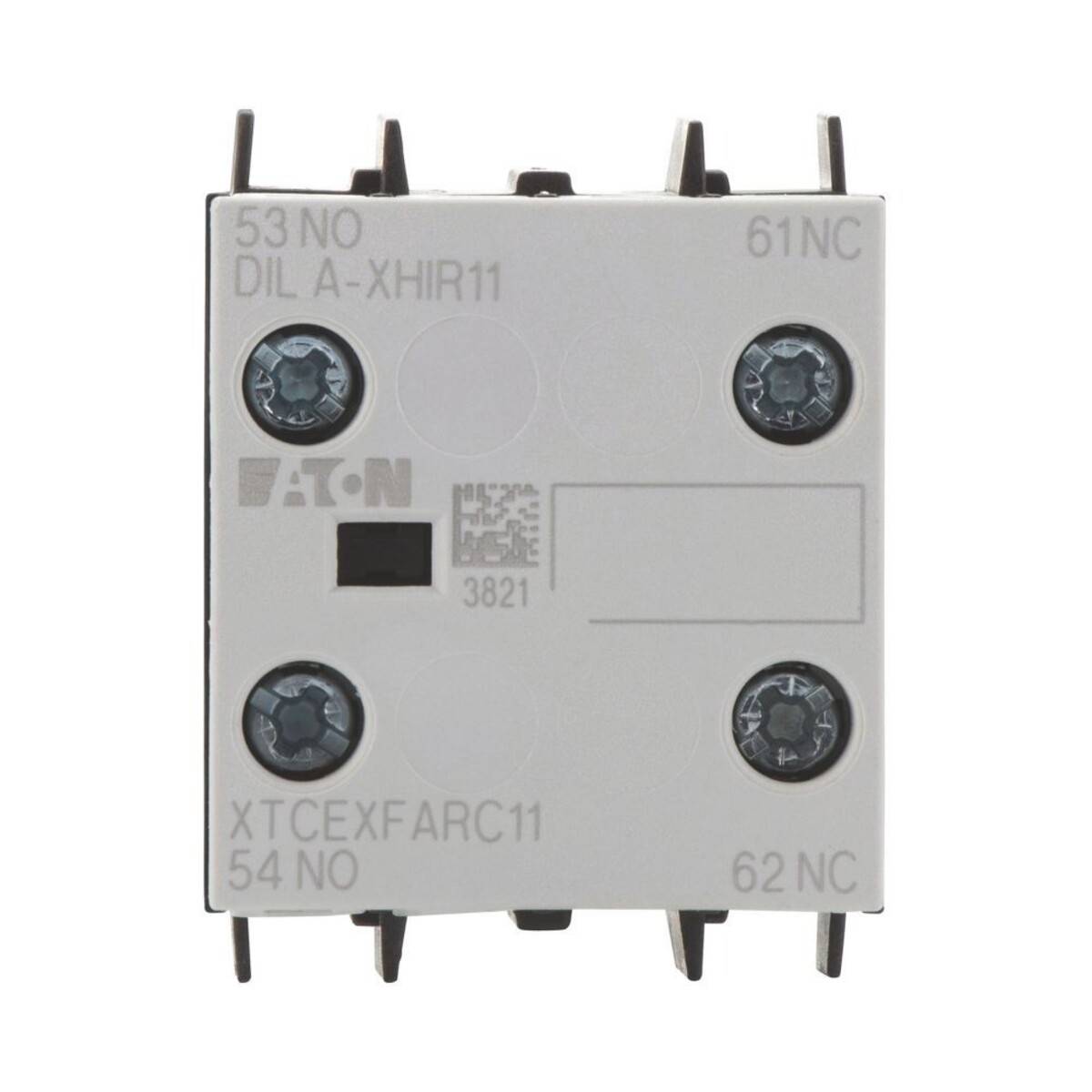 Eine weiße elektrische Relaiskomponente mit vier Schrauben, beschriftet mit '53 NO', '54 NO', '61 NC' und '62 NC', mit der Markenbezeichnung 'Eaton' und einem QR-Code.